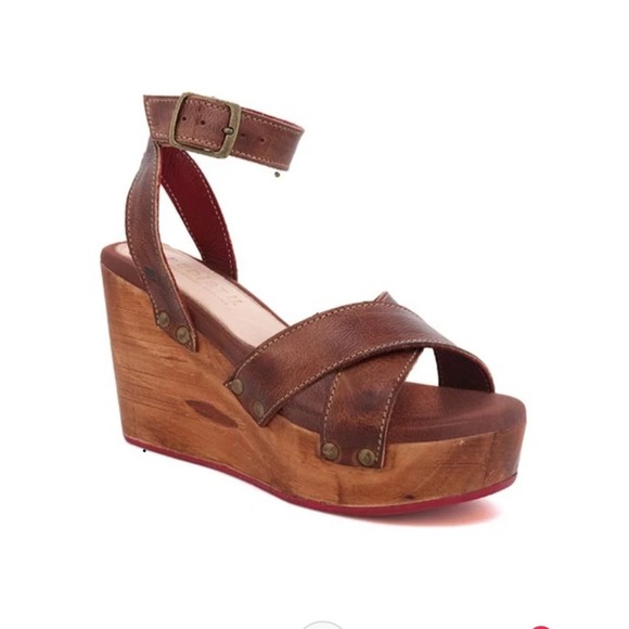 Bed Stu Shoes - Bed|Stu Grettell Leather Wood Platform Studded Wedge Sandals 10 Brown Burgundy